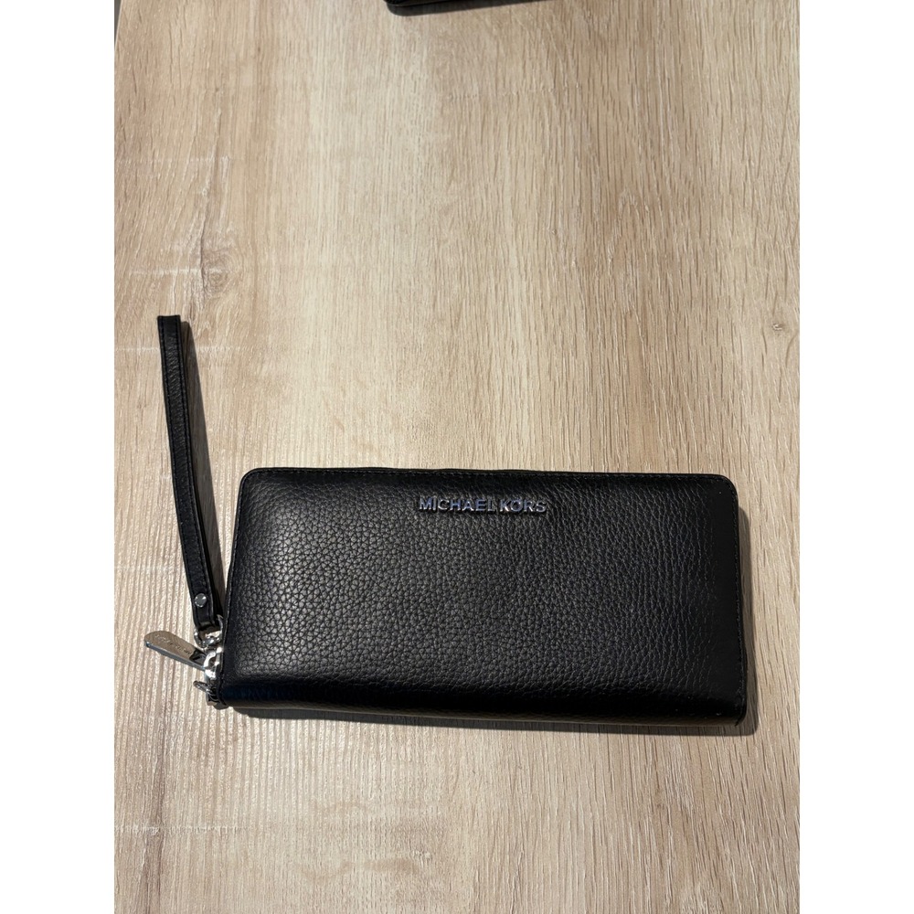 Michael Kors Adele Black Pebbled Leather Zip Around Wristlet Continental Wallet